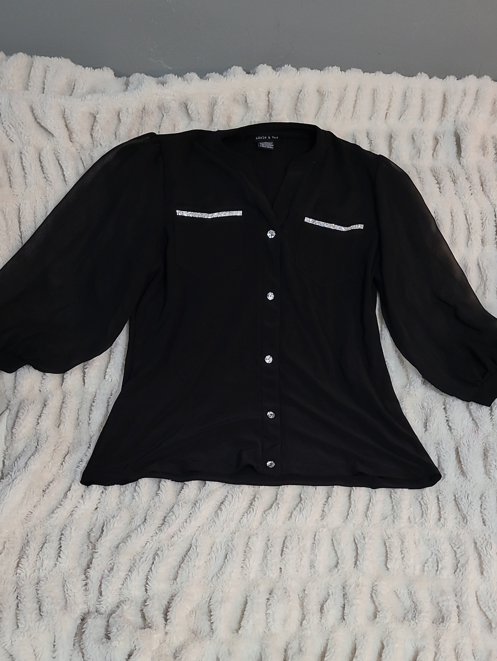 Black Button-Front Blouse with Beautiful Diamond Trim And Buttons